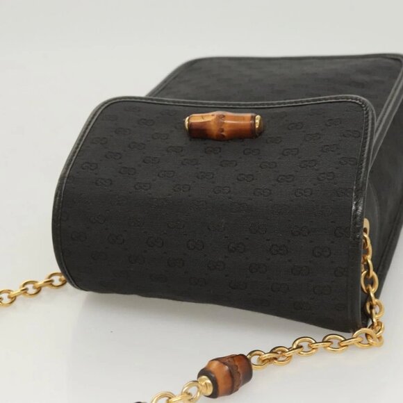 GUCCI Micro GG Canvas Bamboo Shoulder Bag PVC Black Gold Auth sw753 - Picture 7 of 15